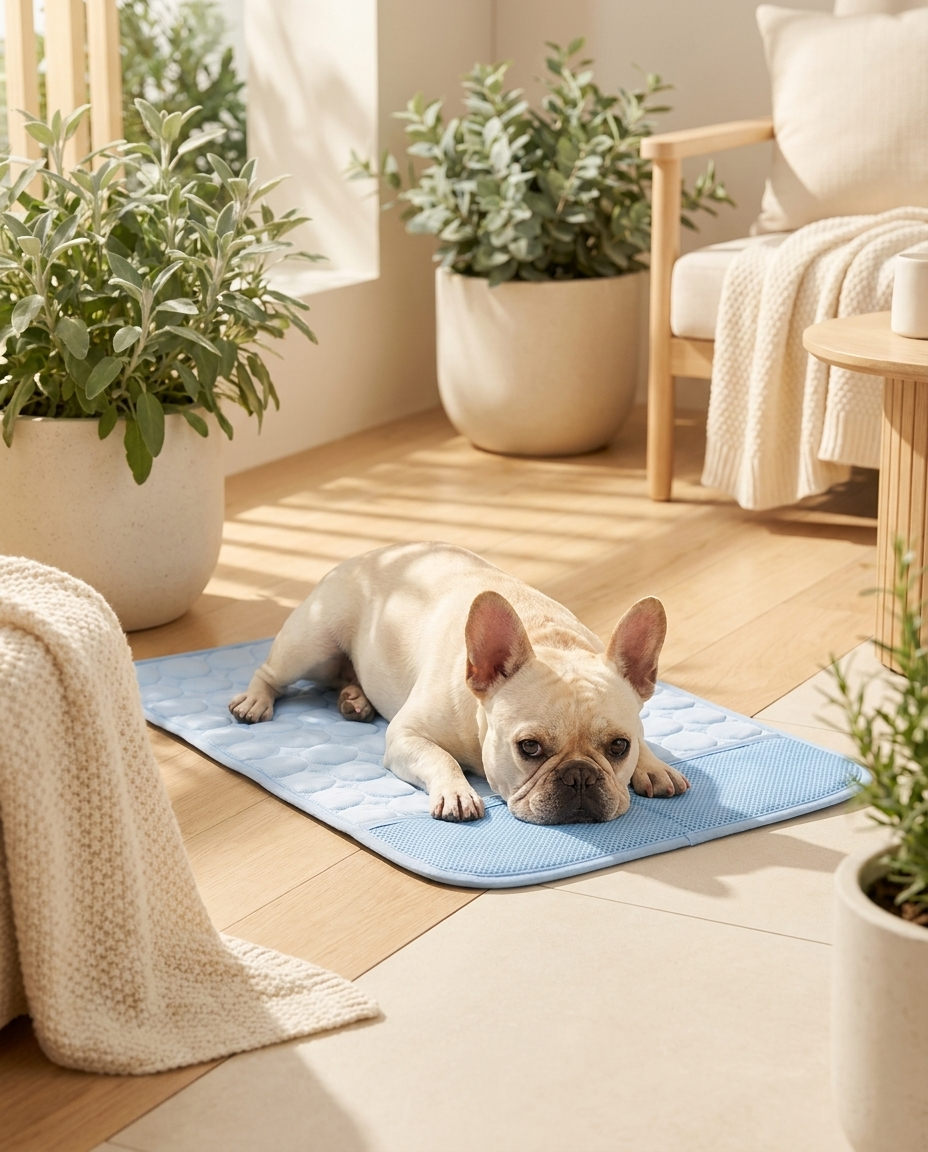Bouledogue français reposant sur le tapis rafraîchissant Plouki, terrasse