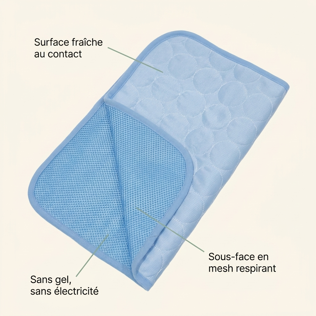 Schéma : comment fonctionne le tapis rafraîchissant Plouki — surface fraîche au contact, sous-face mesh, sans gel