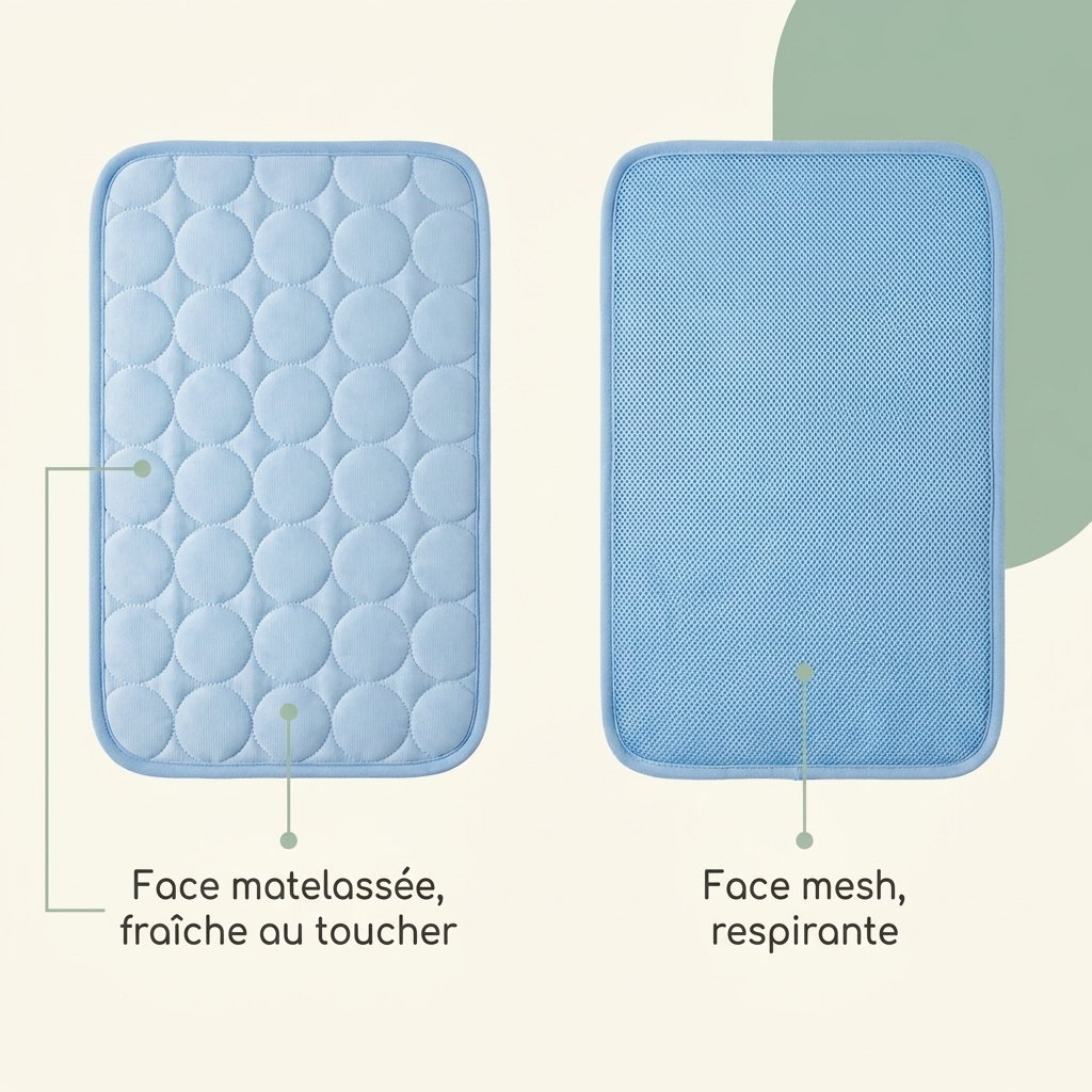 Les deux faces du tapis Plouki : face matelassée et face mesh respirante