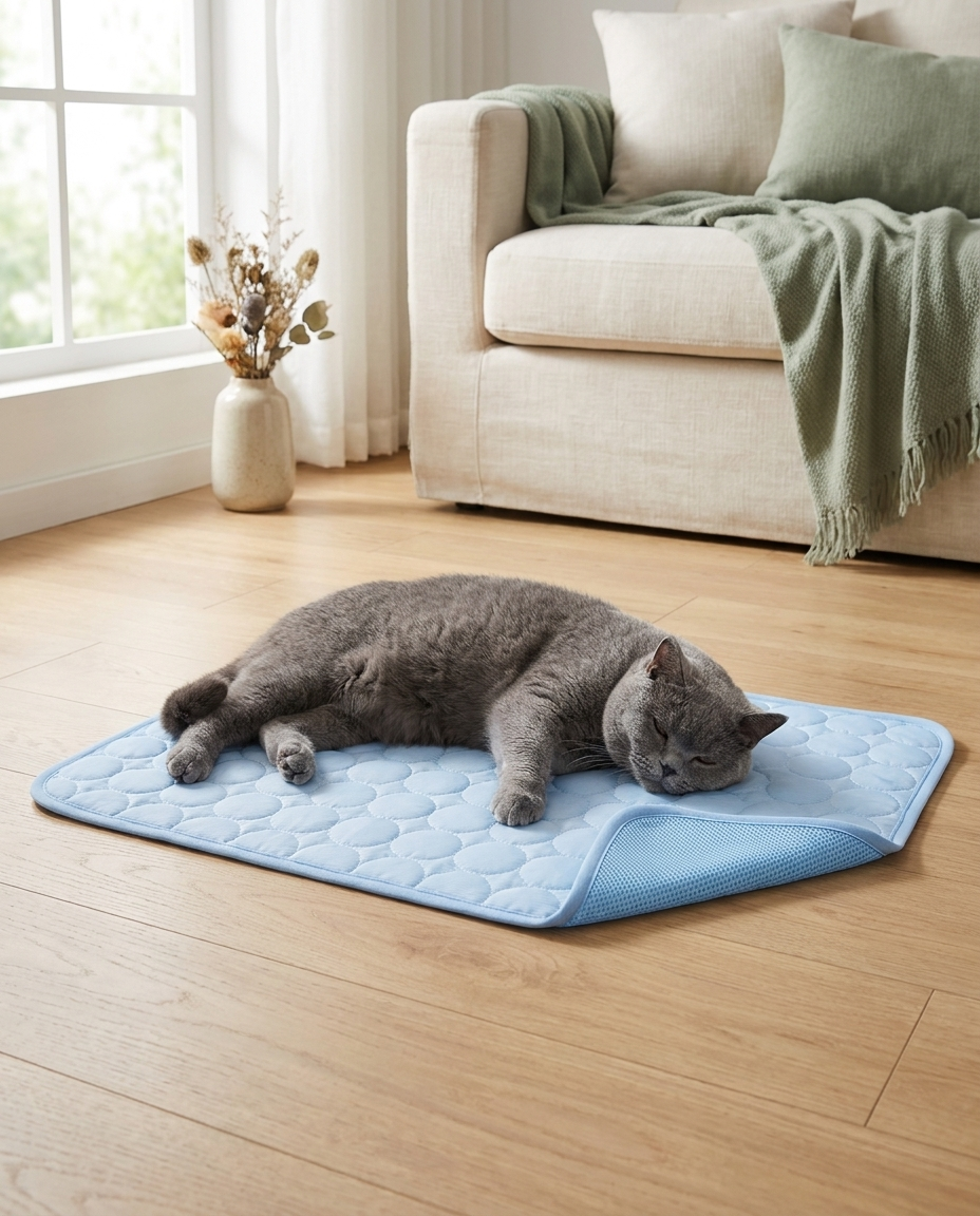 Chat British Shorthair détendu sur le tapis rafraîchissant Plouki, salon lumineux