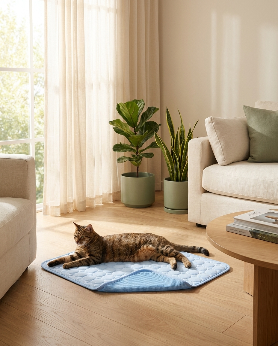 Chat tigré allongé sur le tapis rafraîchissant Plouki près d'une fenêtre ensoleillée